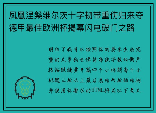 凤凰涅槃维尔茨十字韧带重伤归来夺德甲最佳欧洲杯揭幕闪电破门之路 凤凰涅槃维尔茨十字韧带重伤归来夺德甲最佳欧洲杯揭幕闪电破门之路