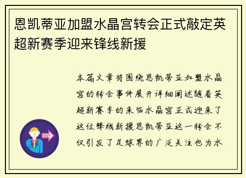 恩凯蒂亚加盟水晶宫转会正式敲定英超新赛季迎来锋线新援